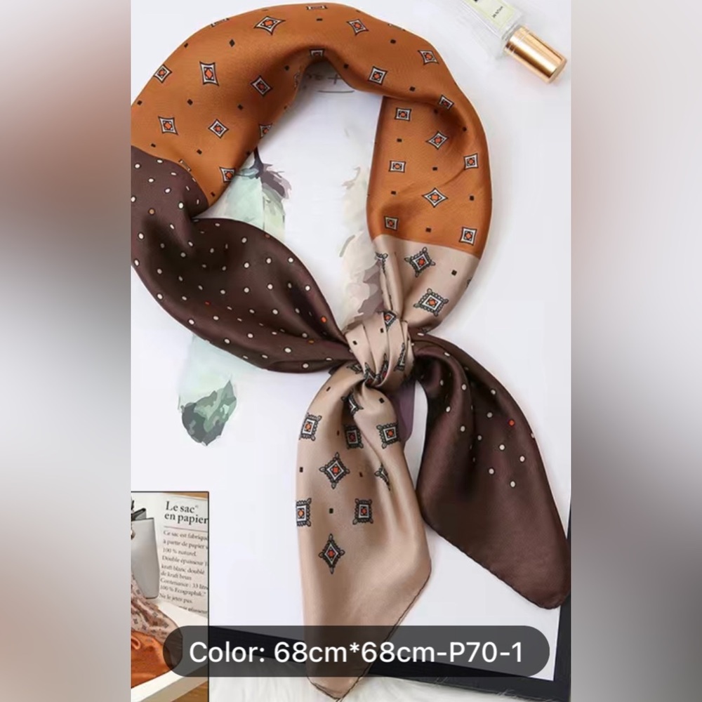 Silk-Feel Brown Patterned Square Scarf